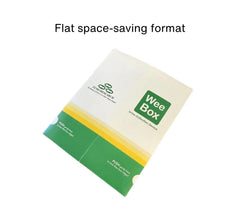 Wee Box urine collection device shown in a flat, collapsed paper format for storage and distribution.